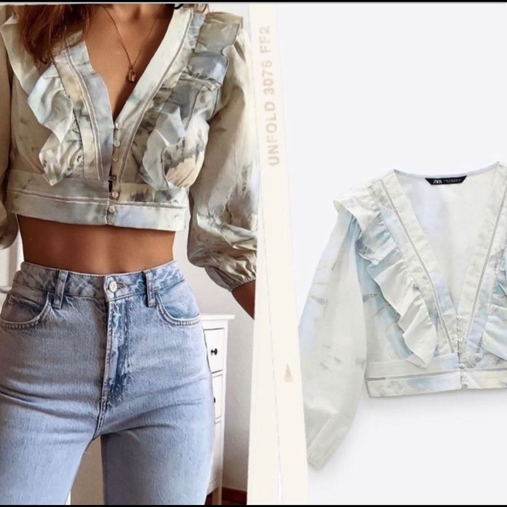 ZARA RUFFLED TIE DYE SHIRT BLUE GREEN XS